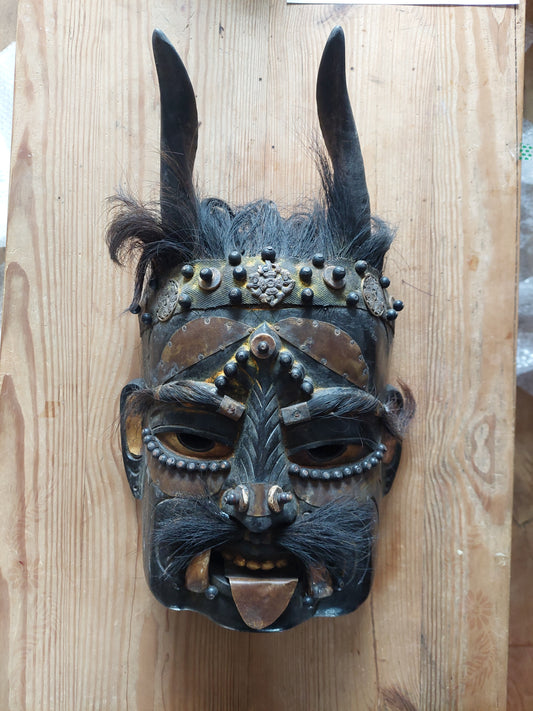 Vintage wooden wrathful spirit mask with beads, metal plating and yak hair #2