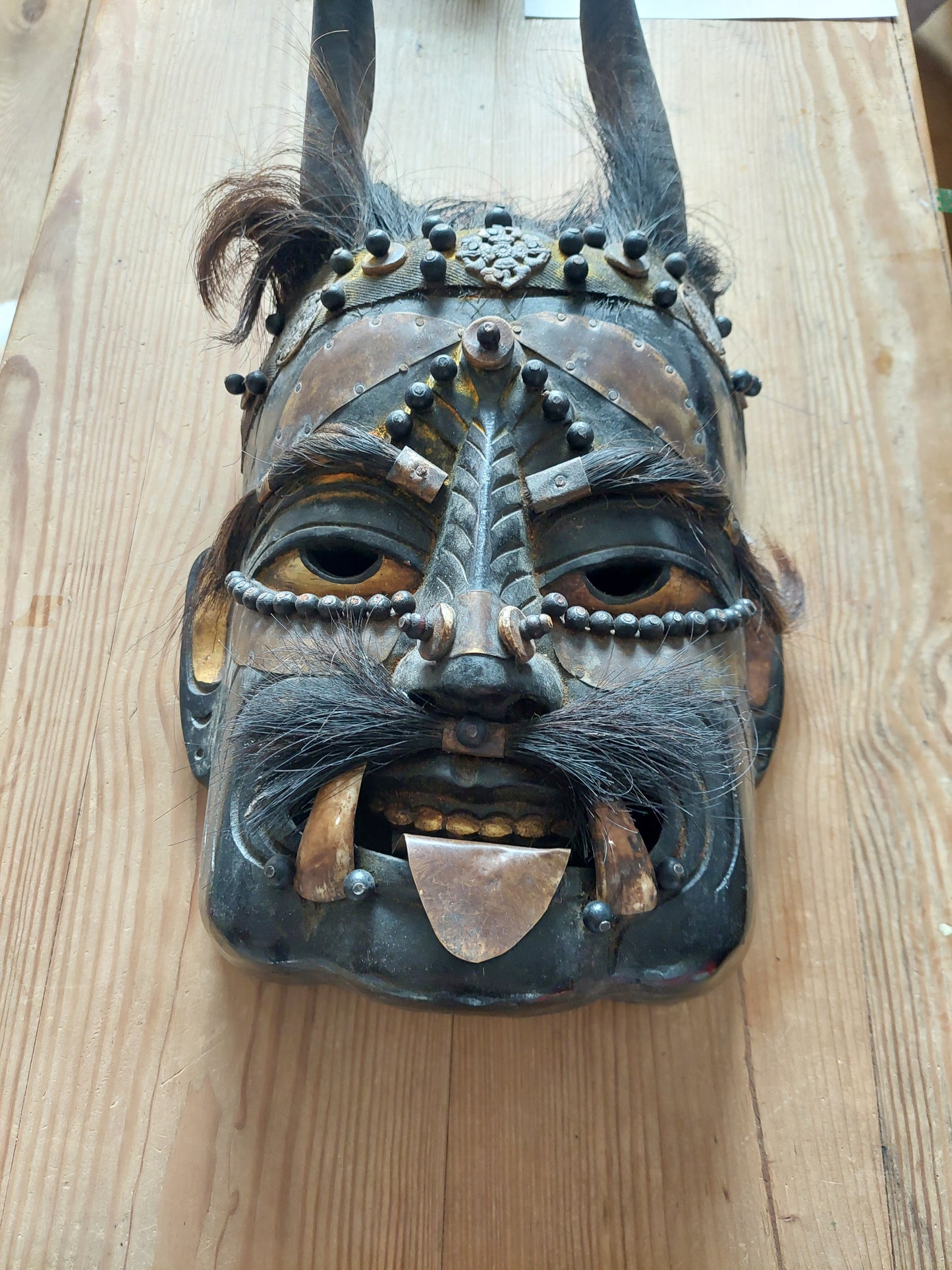 Vintage wooden wrathful spirit mask with beads, metal plating and yak hair #2