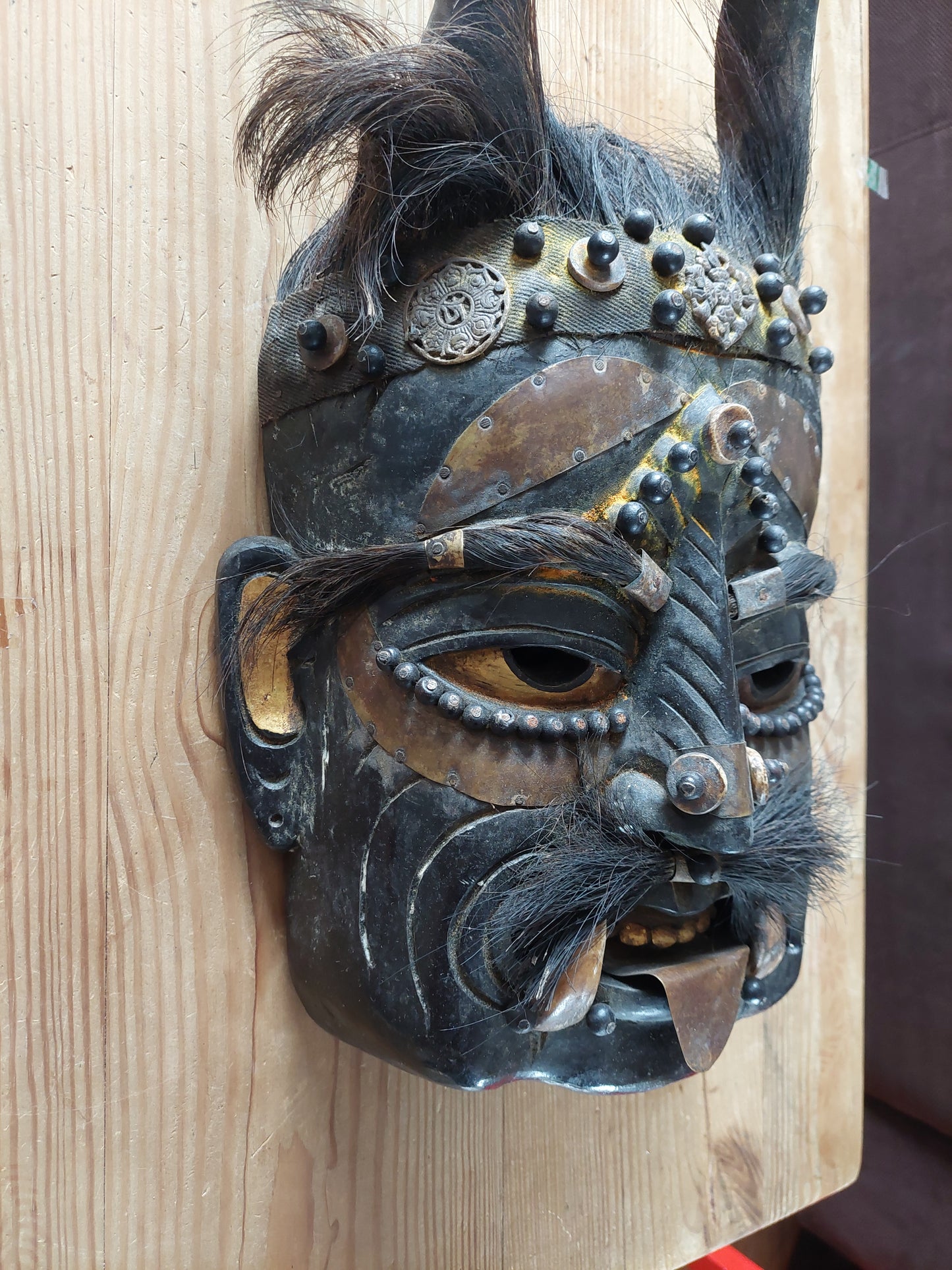Vintage wooden wrathful spirit mask with beads, metal plating and yak hair #2
