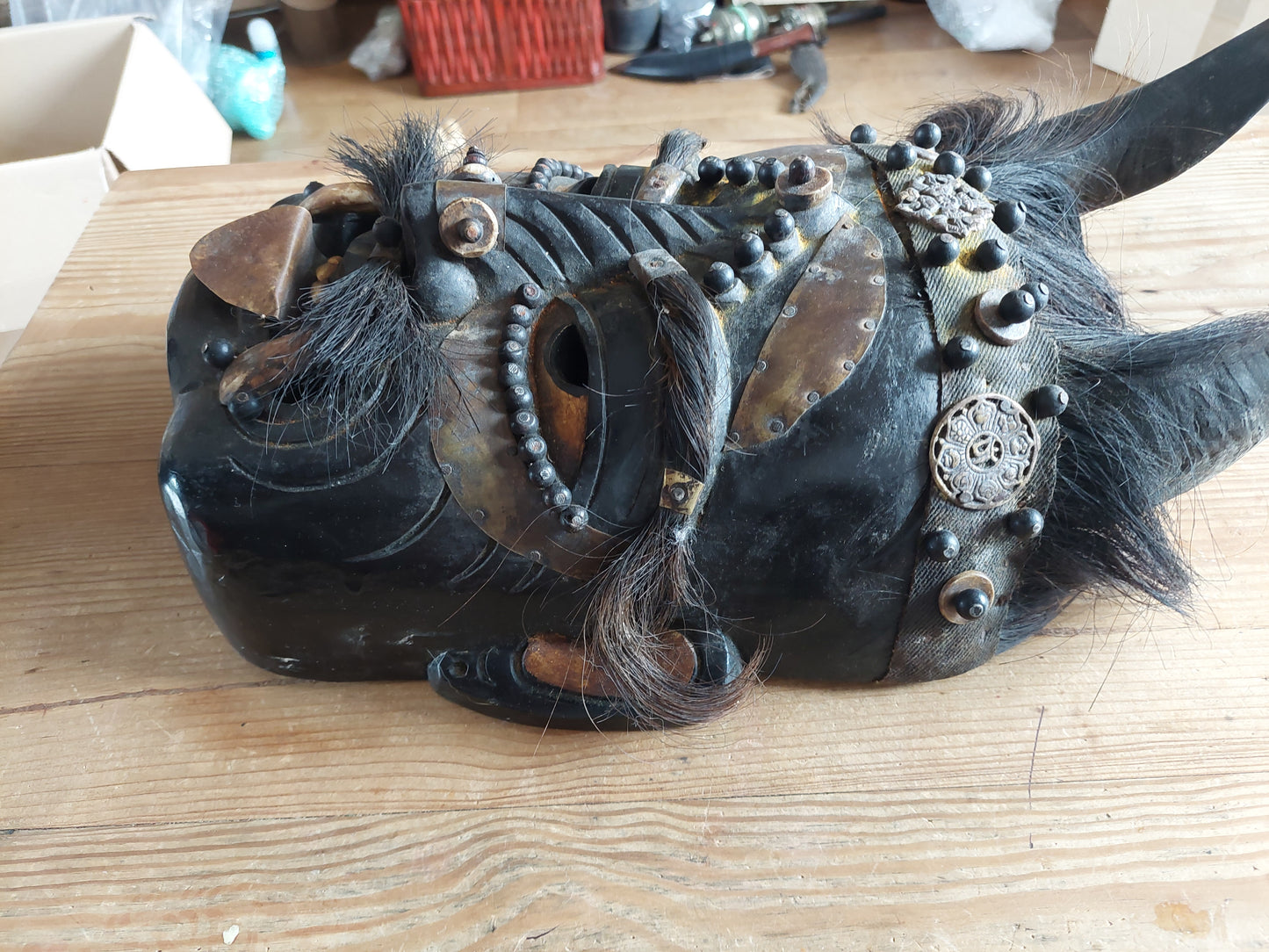 Vintage wooden wrathful spirit mask with beads, metal plating and yak hair #2