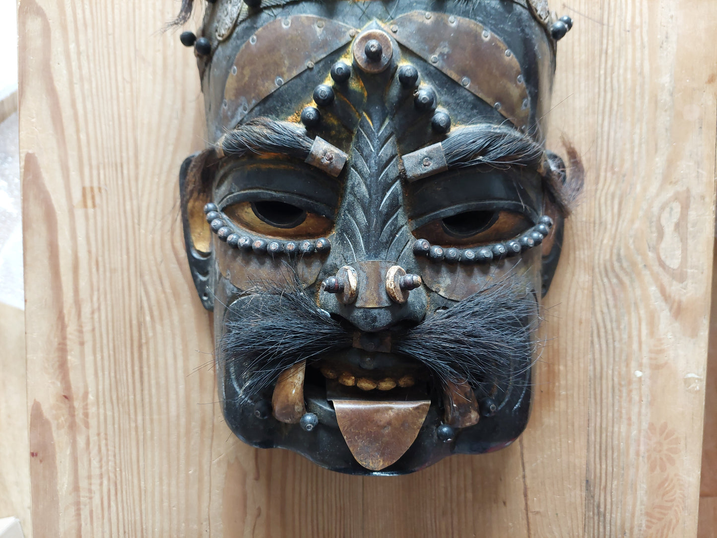 Vintage wooden wrathful spirit mask with beads, metal plating and yak hair #2