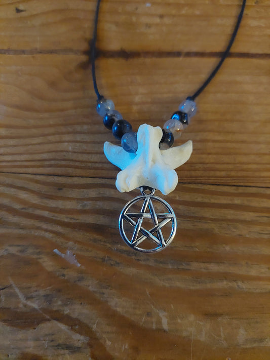 Fox vertebra with dragon veins agate and pentagram pendant amulet necklace