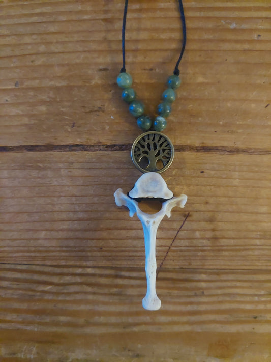 Fox vertebra with green jade and tree of life amulet necklace