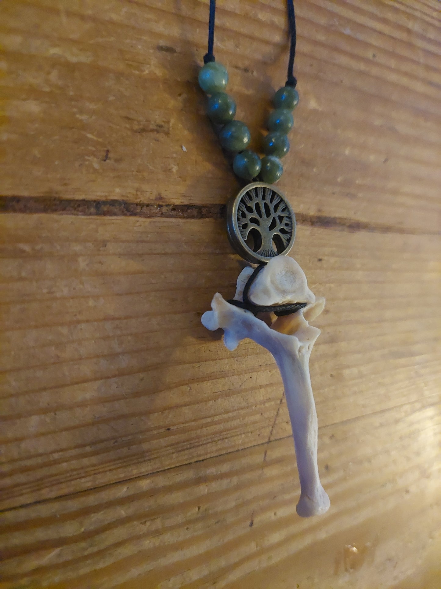 Fox vertebra with green jade and tree of life amulet necklace