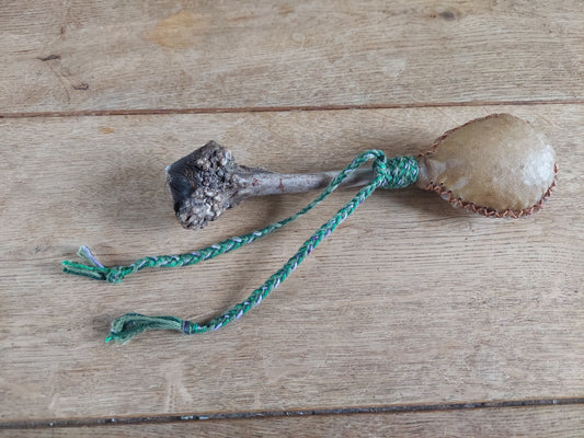 Goat hide and roe deer antler rattle