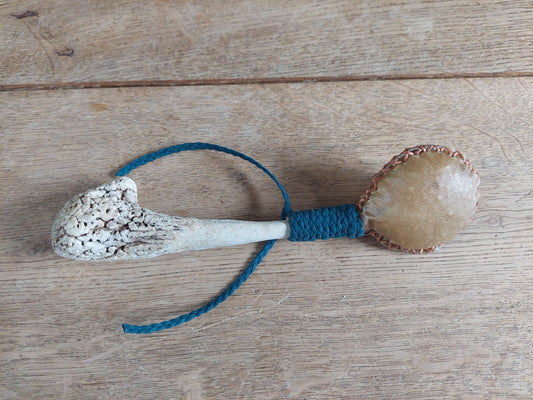 Goat hide and roe deer antler rattle