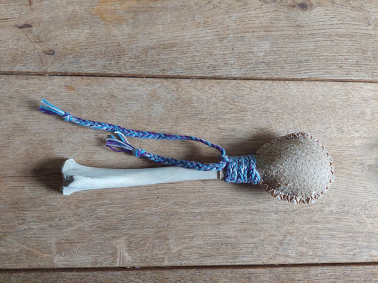 Wild boar hide and roe deer leg bone rattle