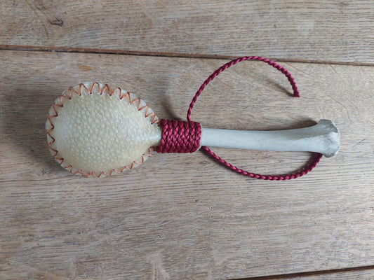 Red deer hide and roe deer leg bone rattle