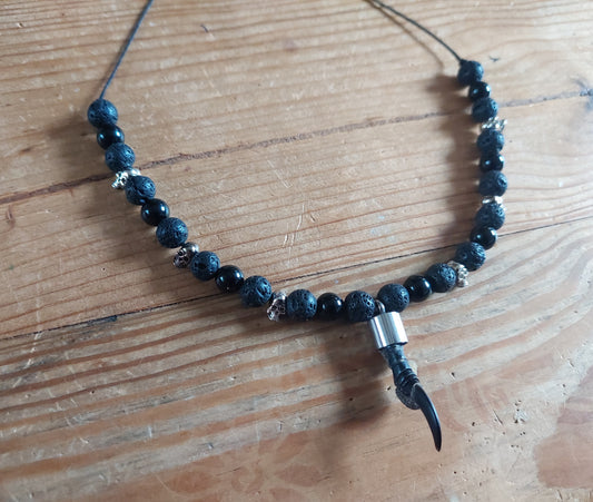 Crow nail with lava stone and obsidian amulet necklace