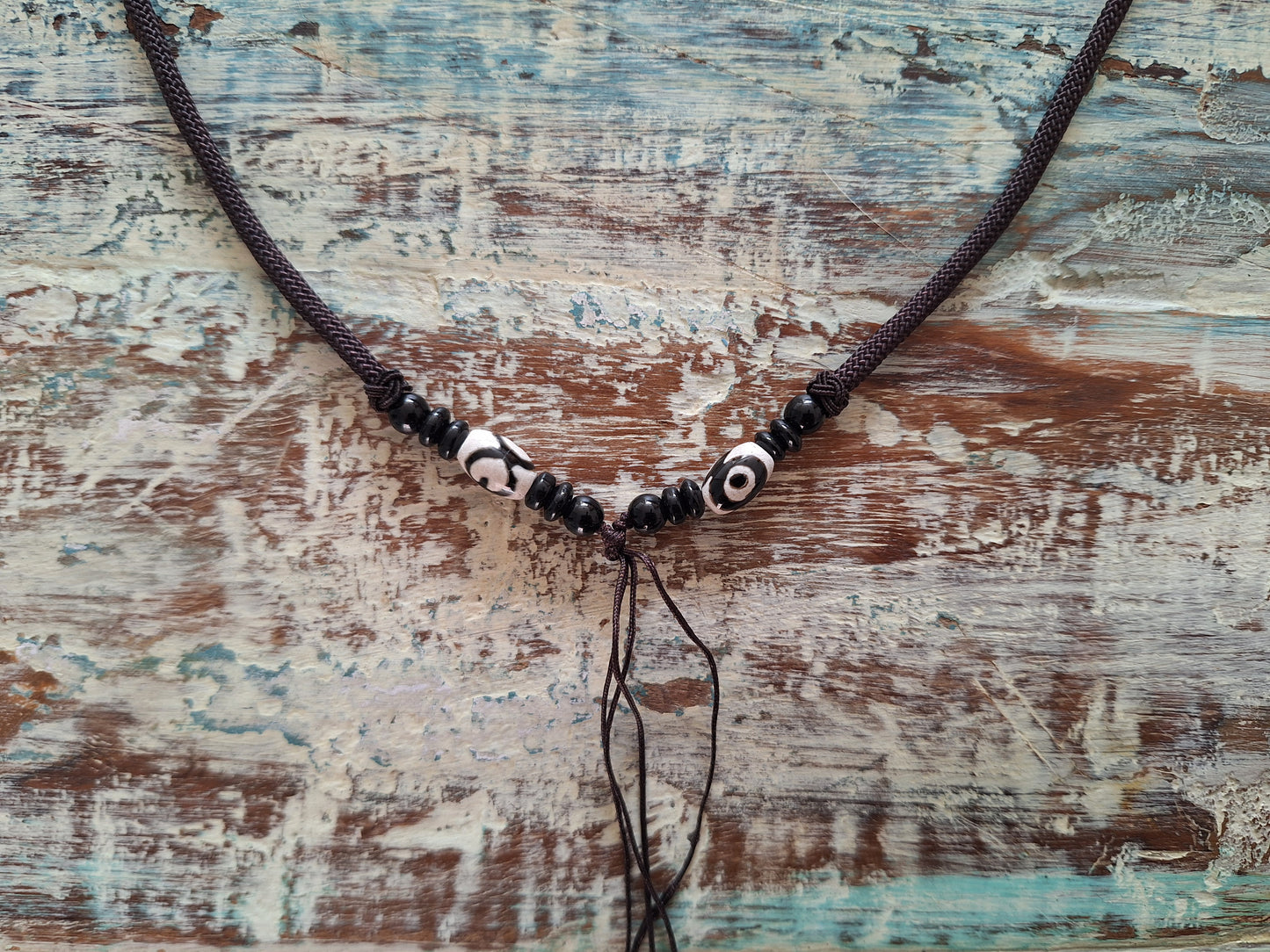 Amulet cord brown with 3 eye dzi beads #2