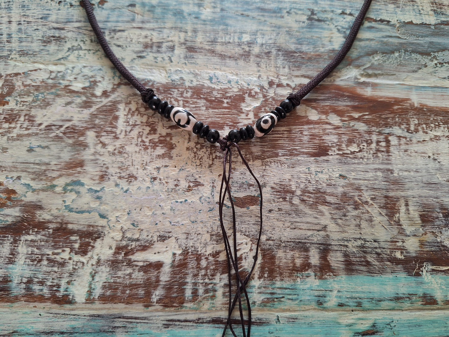 Amulet cord brown with 3 eye dzi beads #2