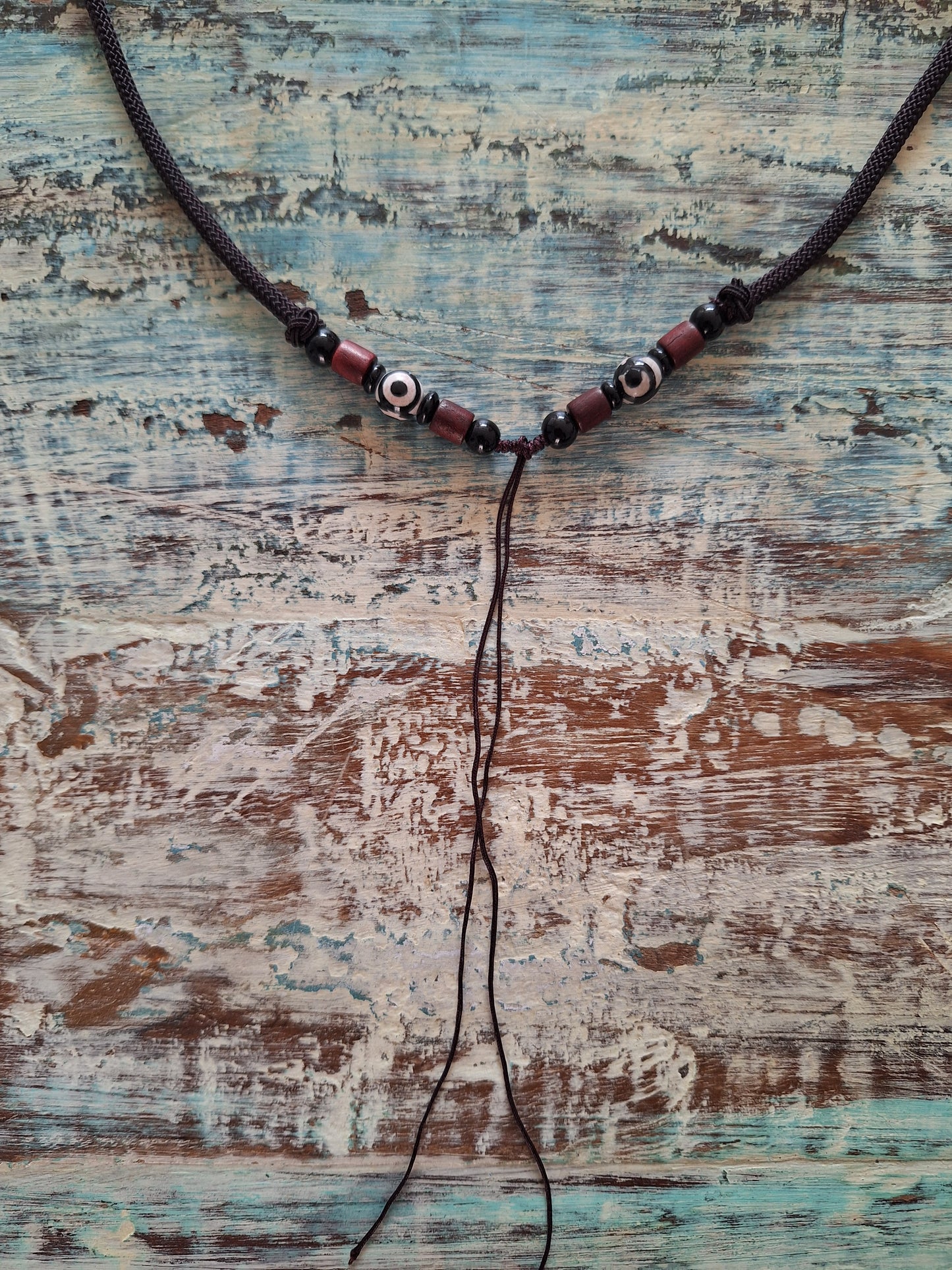 Amulet cord brown with 3 eye dzi beads #1