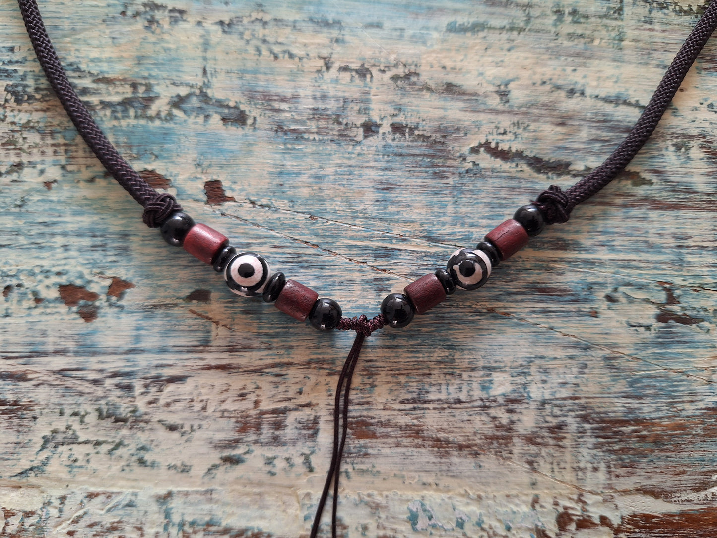 Amulet cord brown with 3 eye dzi beads #1