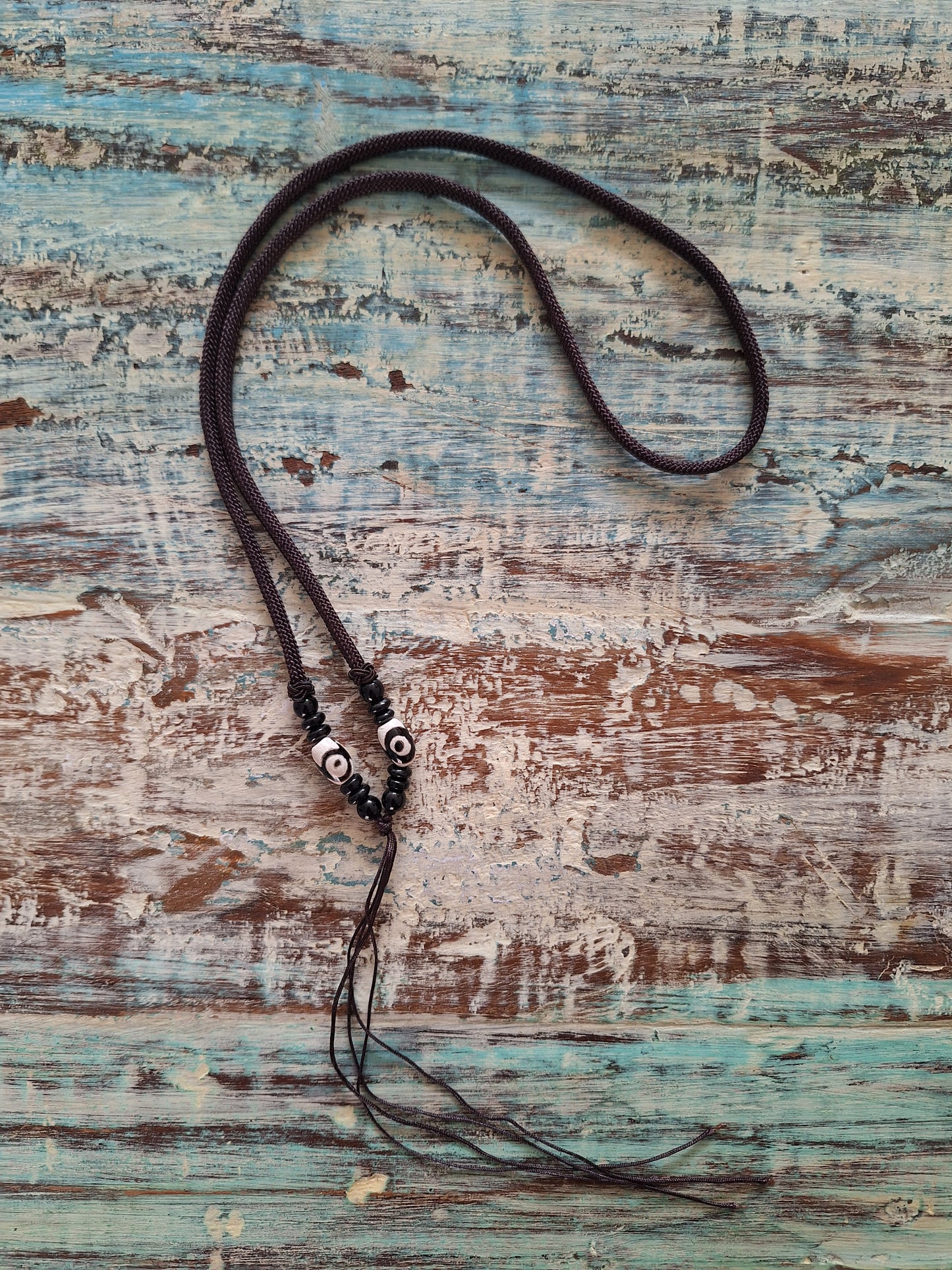 Amulet cord brown with 3 eye dzi beads #2