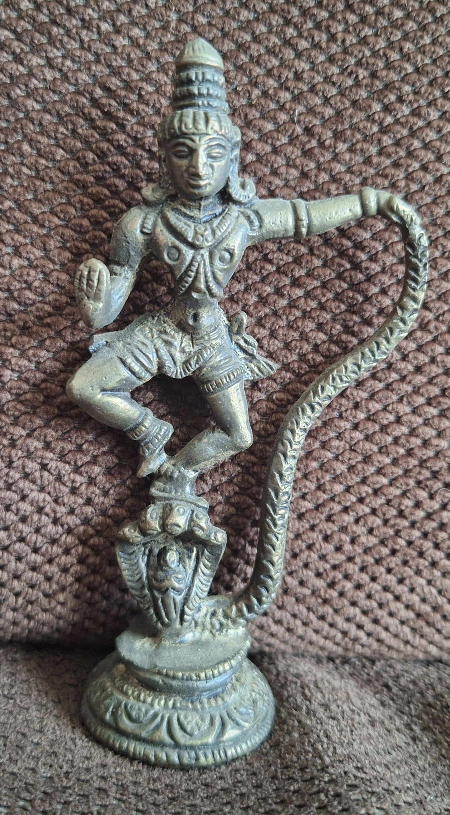 Old bronze Krishna and Kaliya Naag figurine