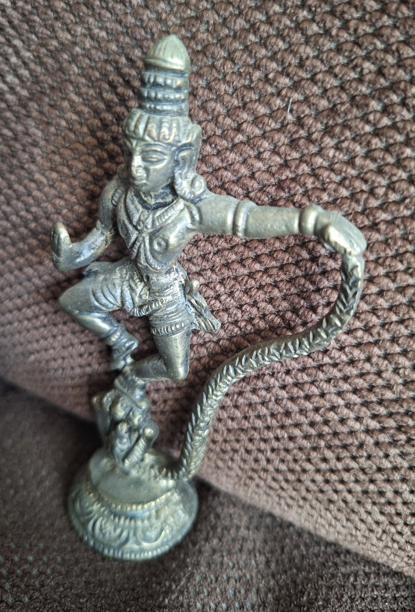 Old bronze Krishna and Kaliya Naag figurine