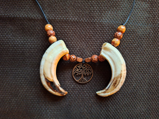 Wild boar tusks and tree of life amulet necklace