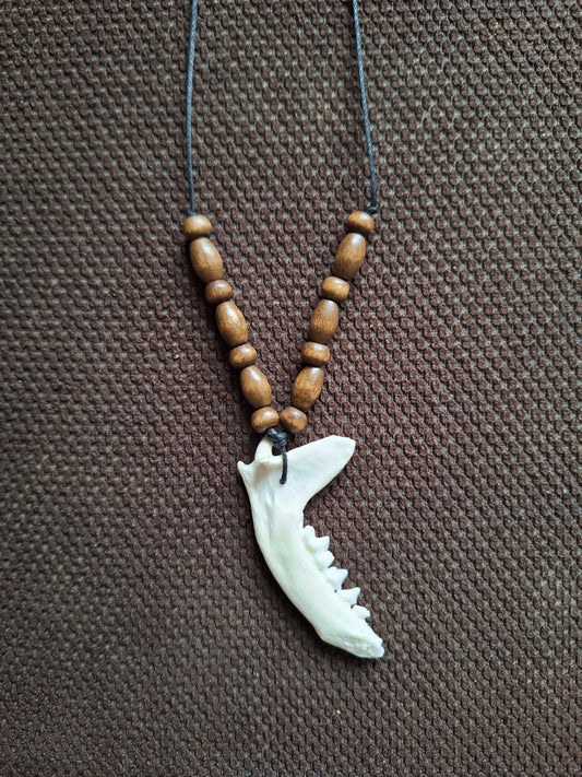 Marten jaw bone and wooden beads amulet necklace