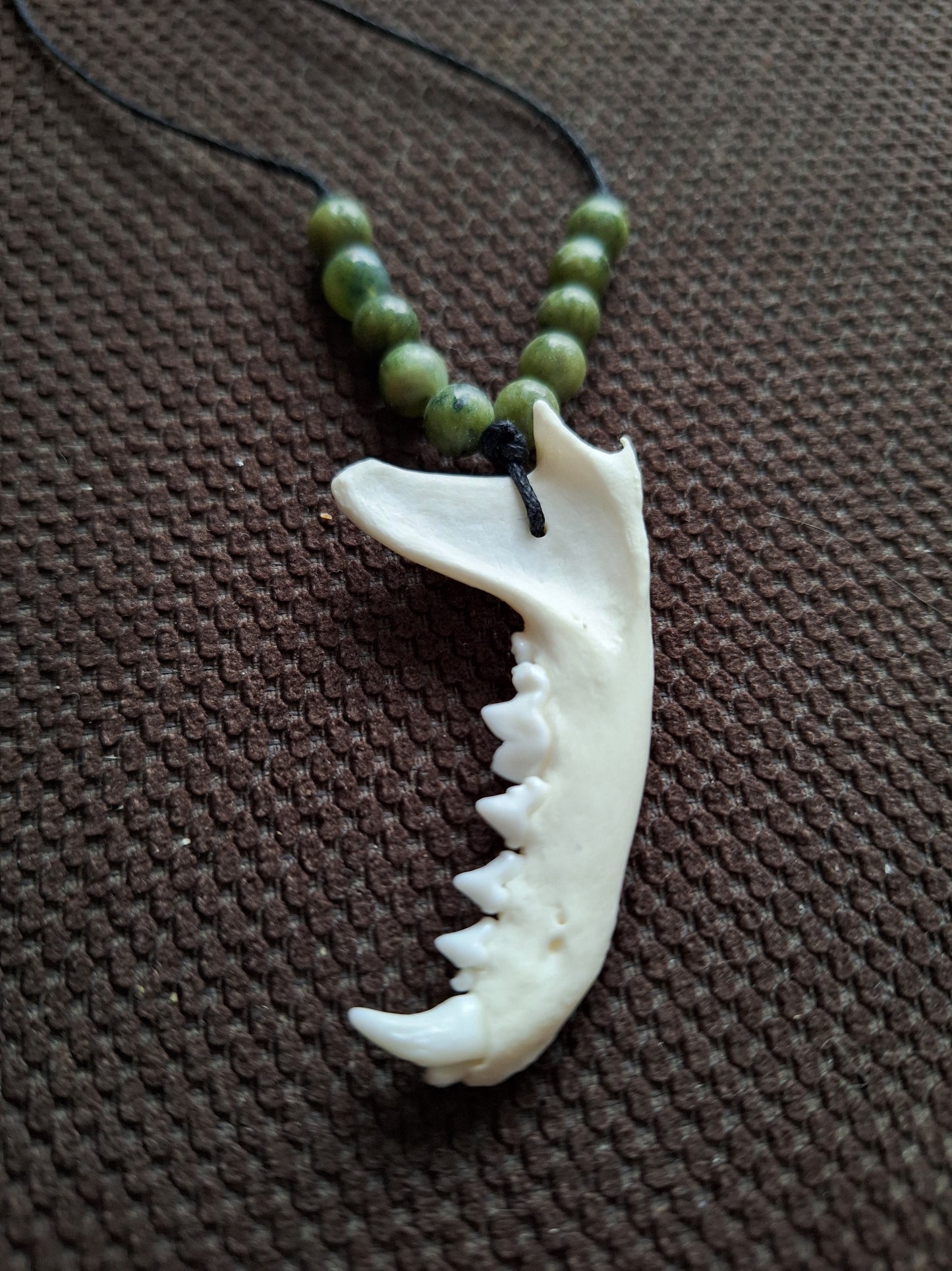 Marten jaw bone and jade amulet necklace