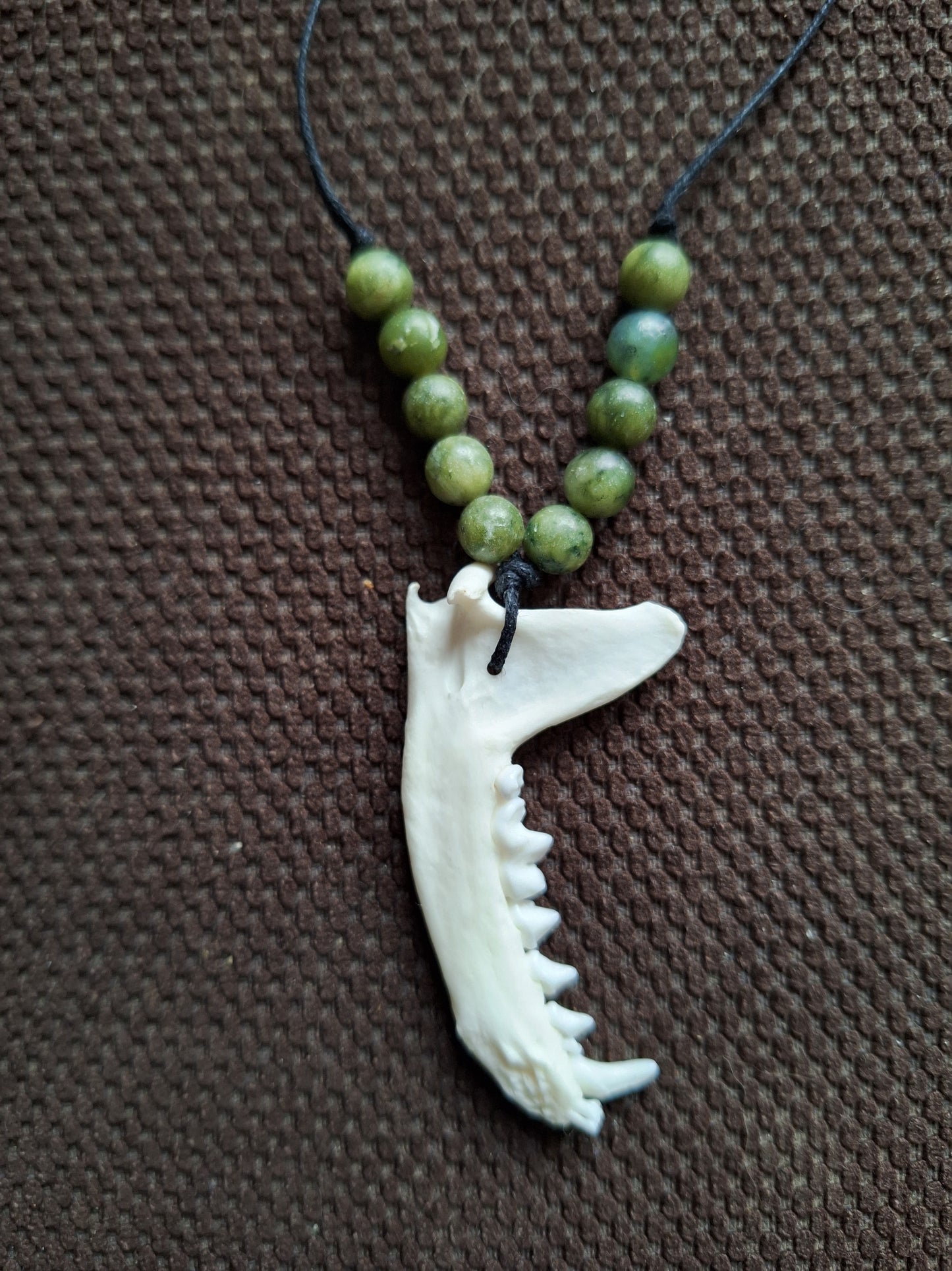 Marten jaw bone and jade amulet necklace