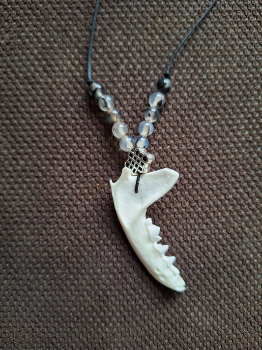 Marten jaw bone with dragon veins agate and endless knot amulet necklace