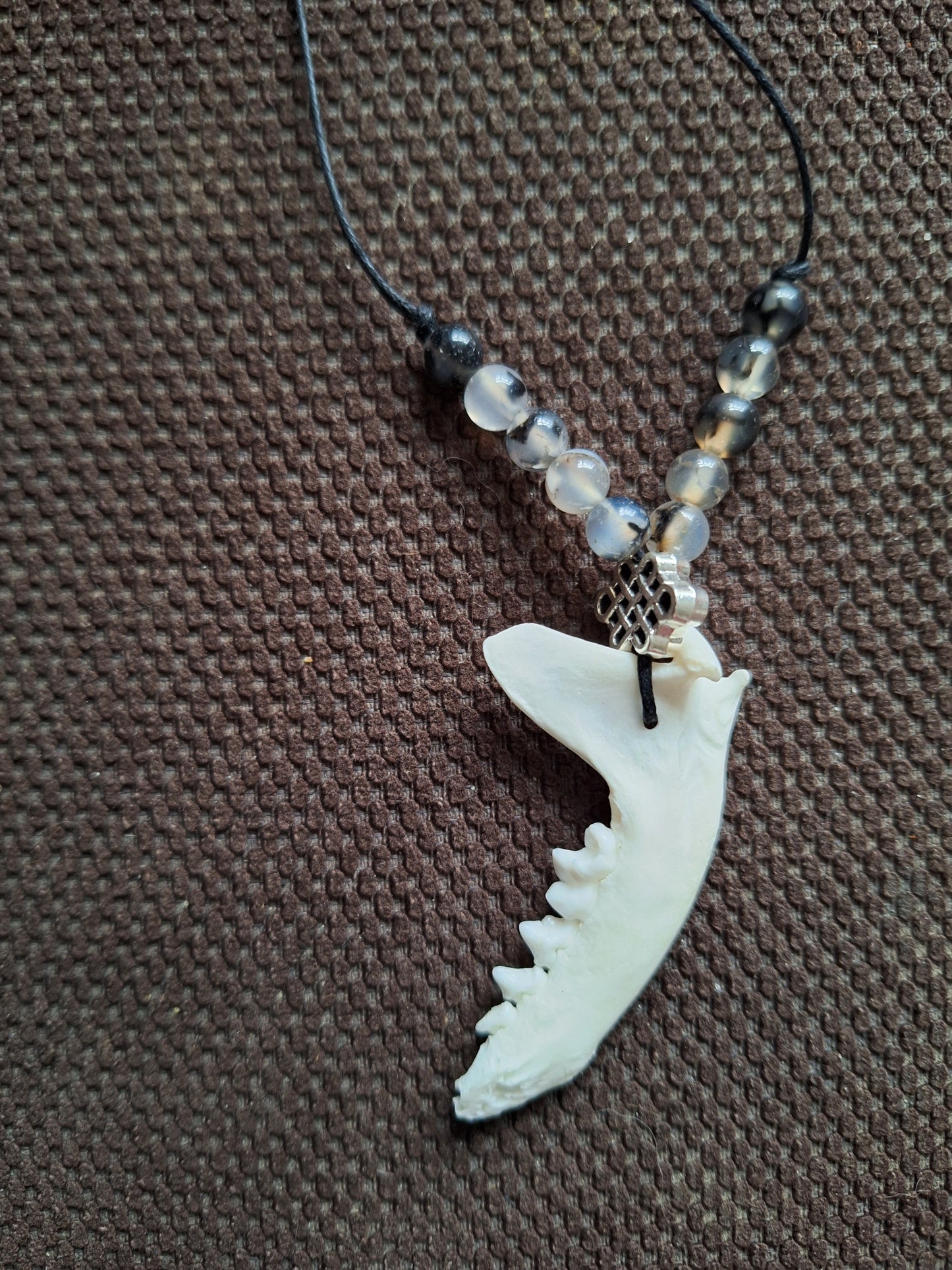 Marten jaw bone with dragon veins agate and endless knot amulet necklace