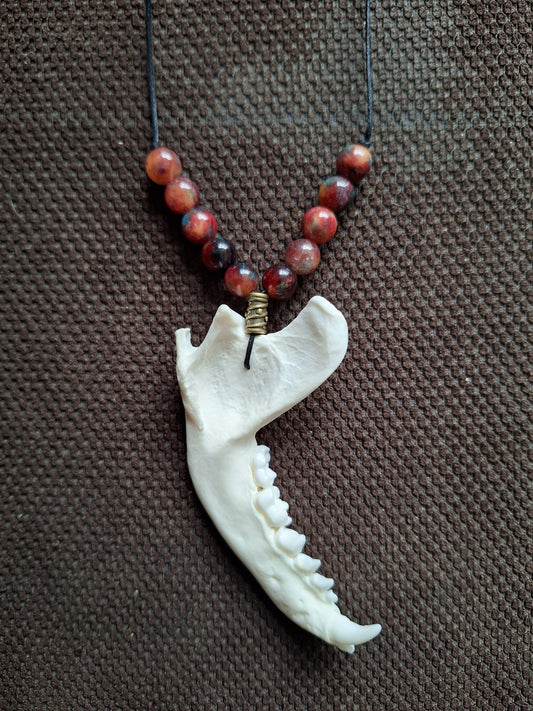 Racoon jaw bone and dragon's blood stone amulet necklace #1