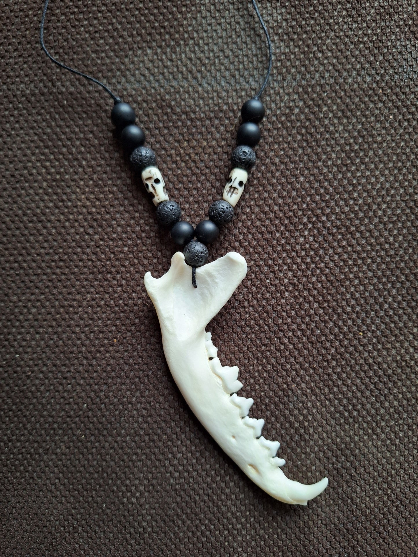 Fox jaw bone with obsidian, lava stone and yak bone skulls amulet necklace