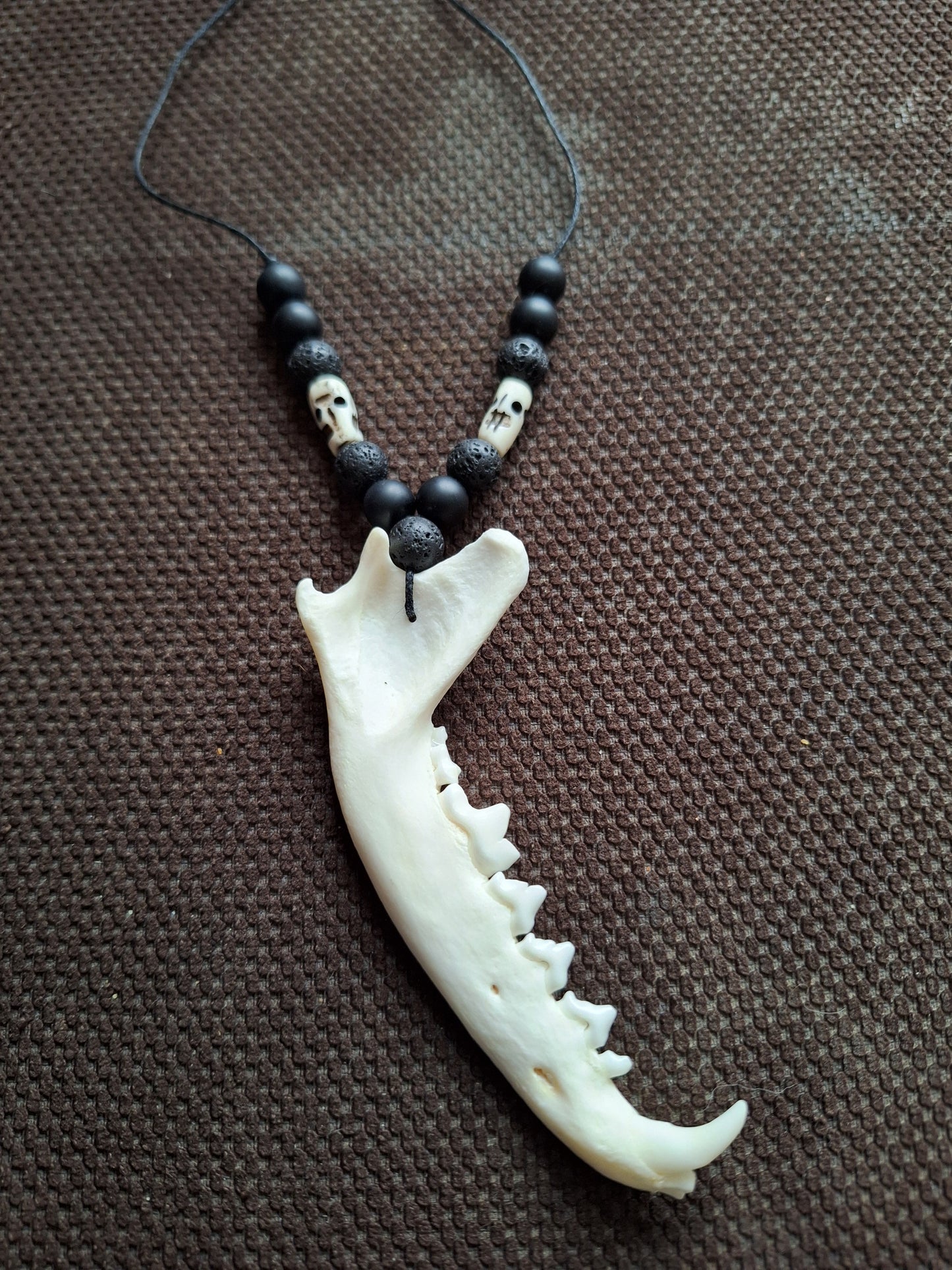 Fox jaw bone with obsidian, lava stone and yak bone skulls amulet necklace