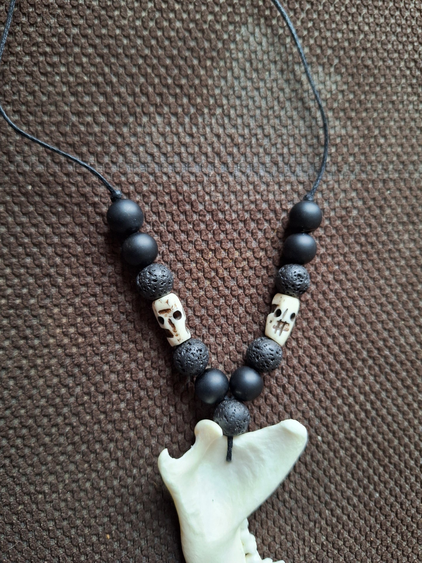 Fox jaw bone with obsidian, lava stone and yak bone skulls amulet necklace