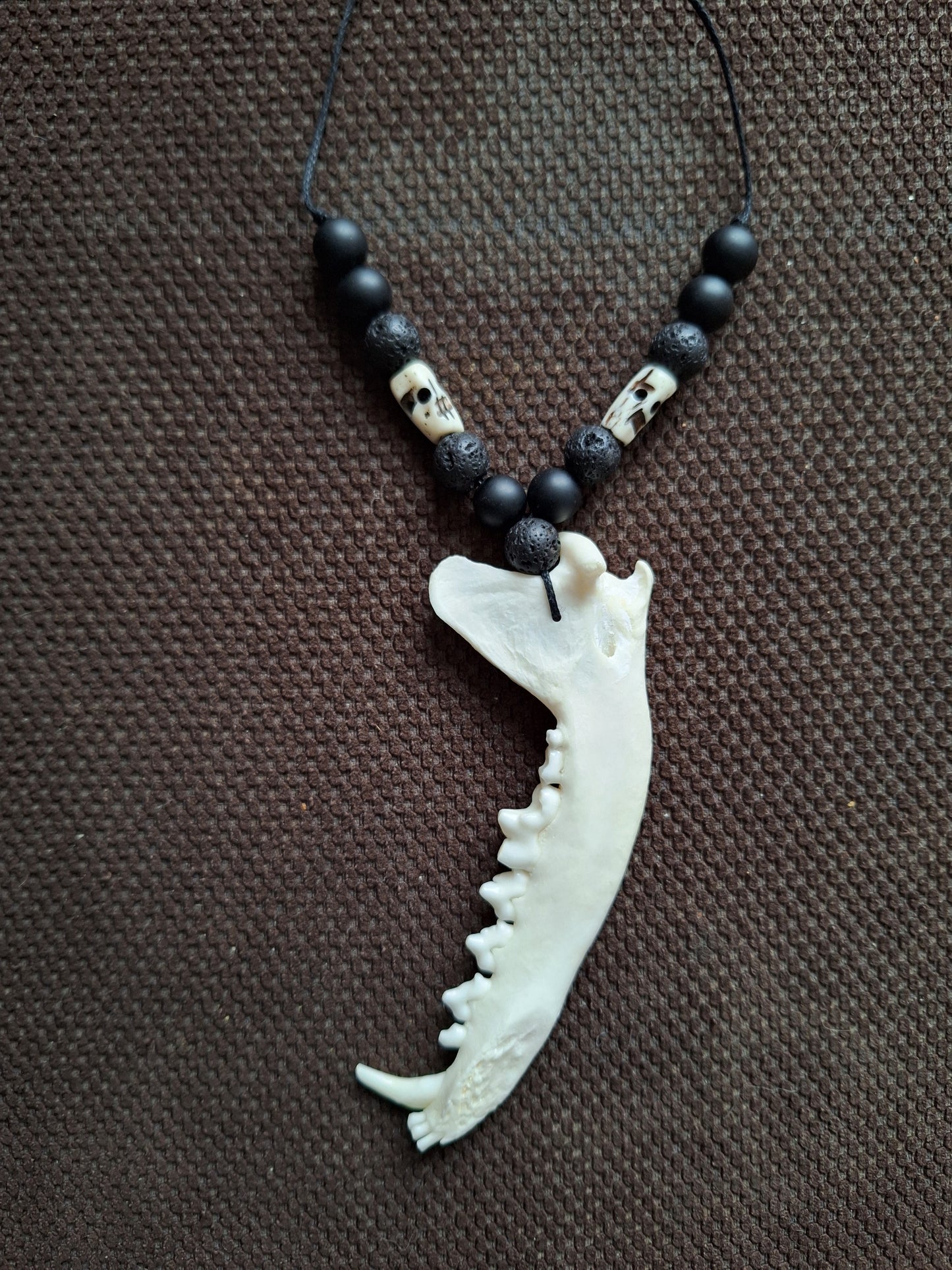 Fox jaw bone with obsidian, lava stone and yak bone skulls amulet necklace