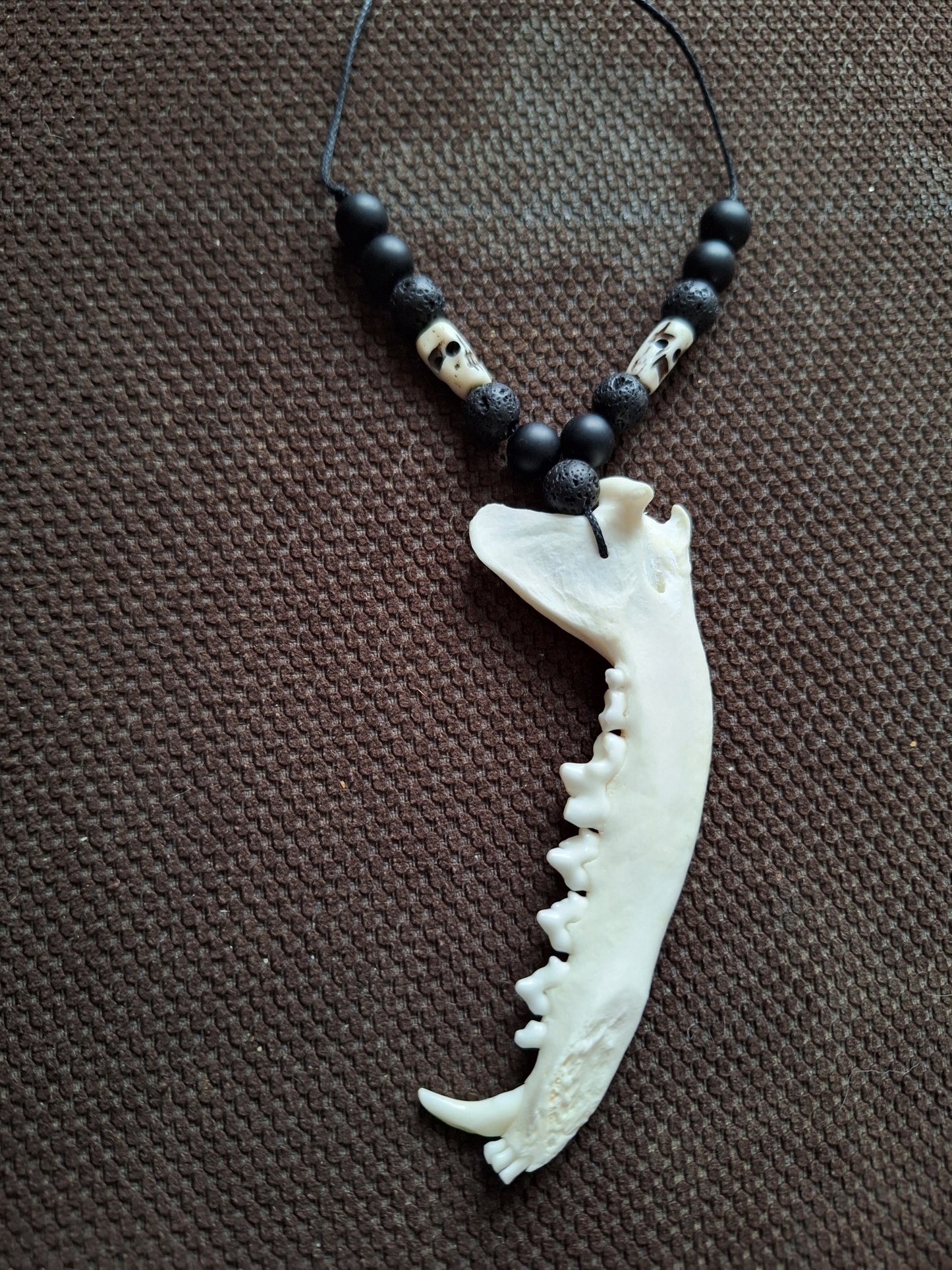 Fox jaw bone with obsidian, lava stone and yak bone skulls amulet necklace