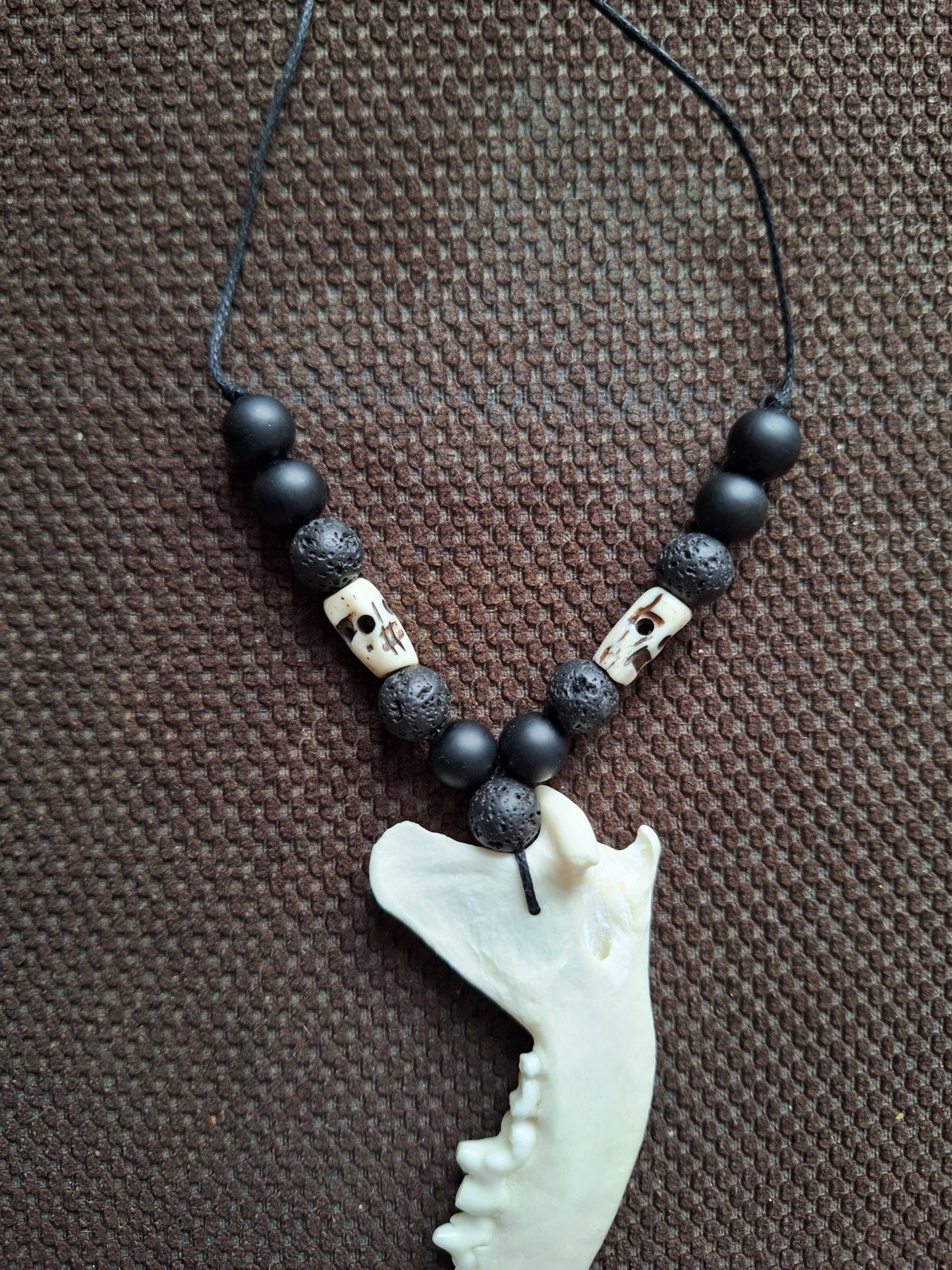 Fox jaw bone with obsidian, lava stone and yak bone skulls amulet necklace