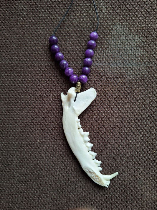 Fox jaw bone and amethyst amulet necklace