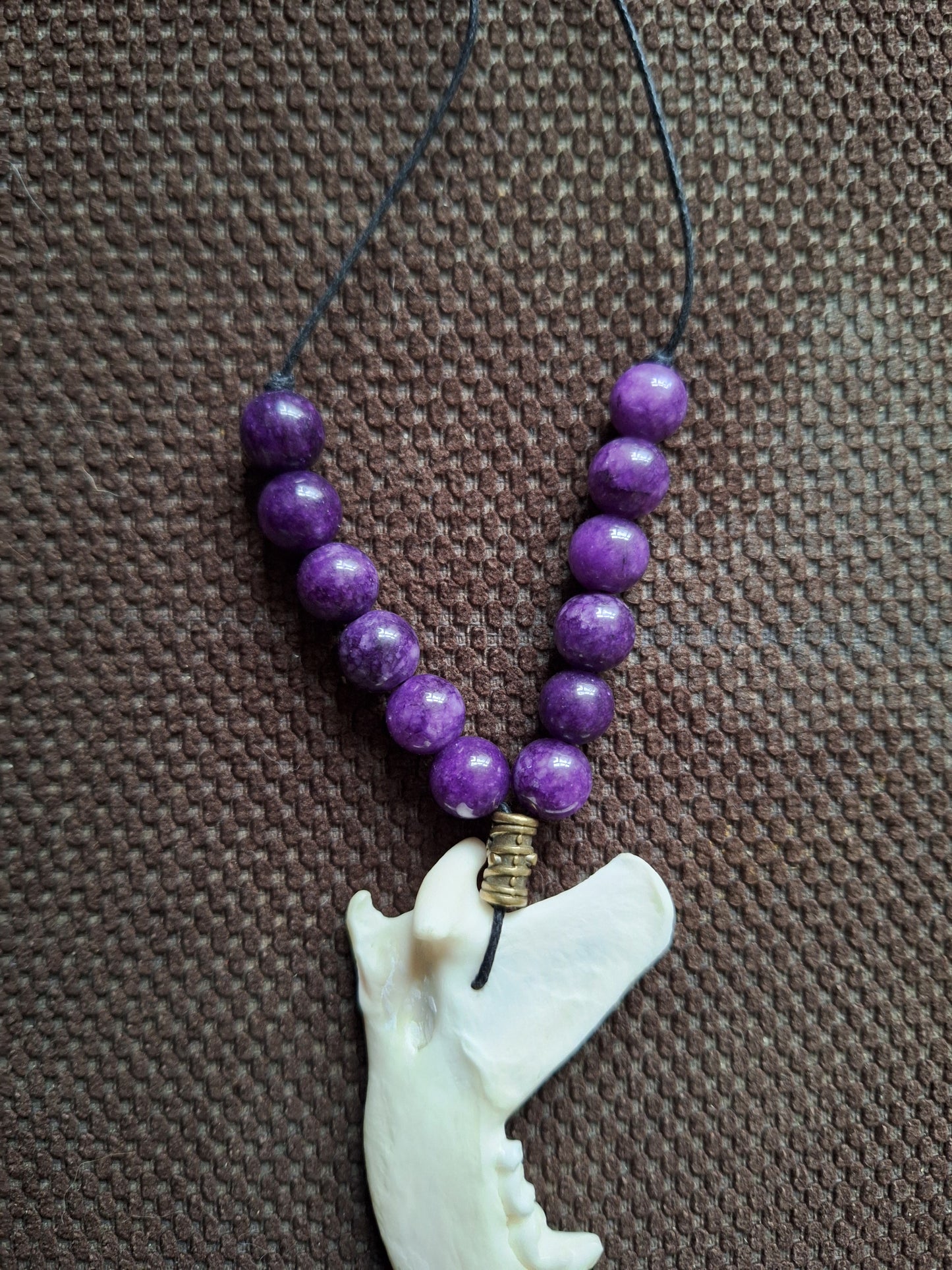 Fox jaw bone and amethyst amulet necklace