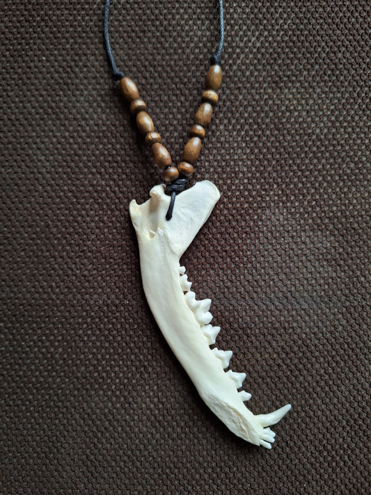 Fox jaw bone and wooden beads amulet necklace