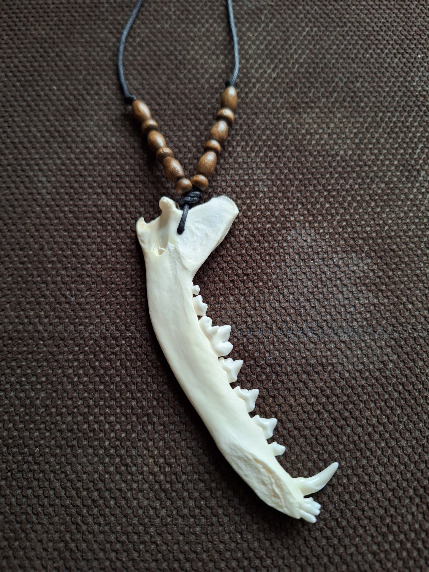 Fox jaw bone and wooden beads amulet necklace