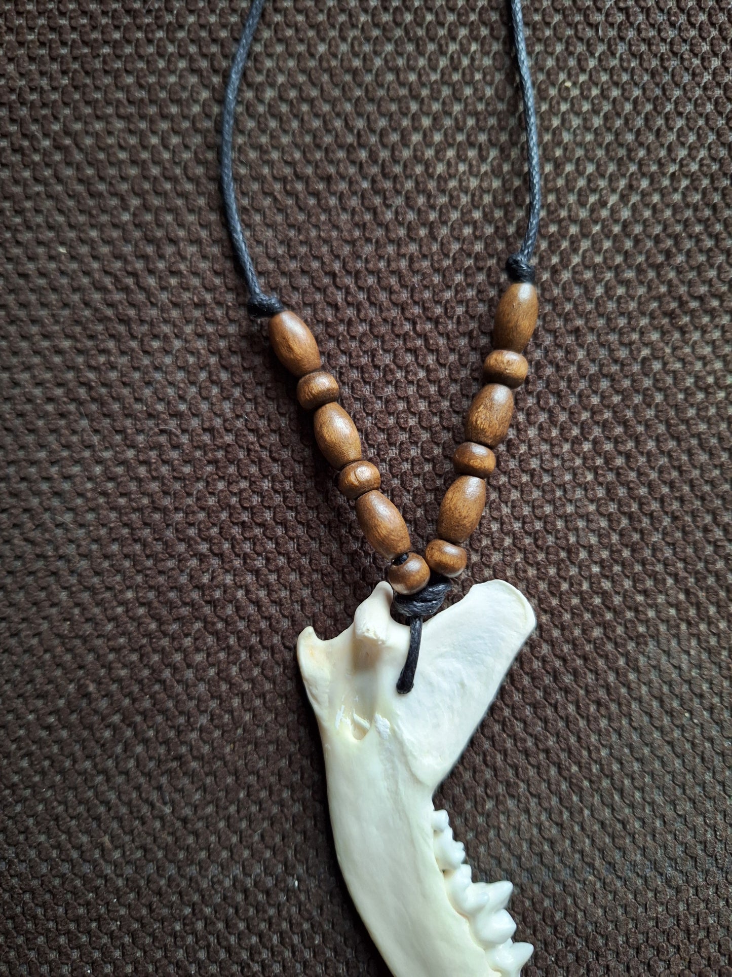 Fox jaw bone and wooden beads amulet necklace