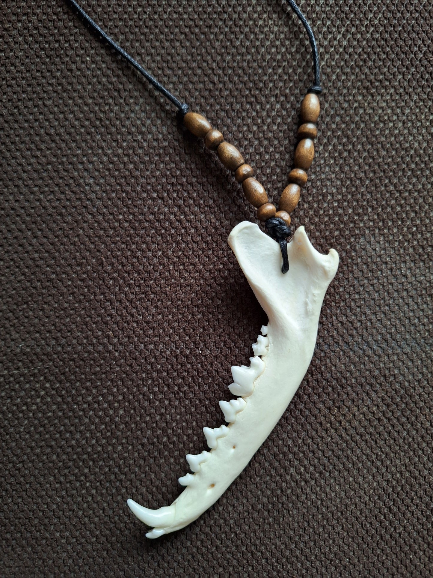 Fox jaw bone and wooden beads amulet necklace