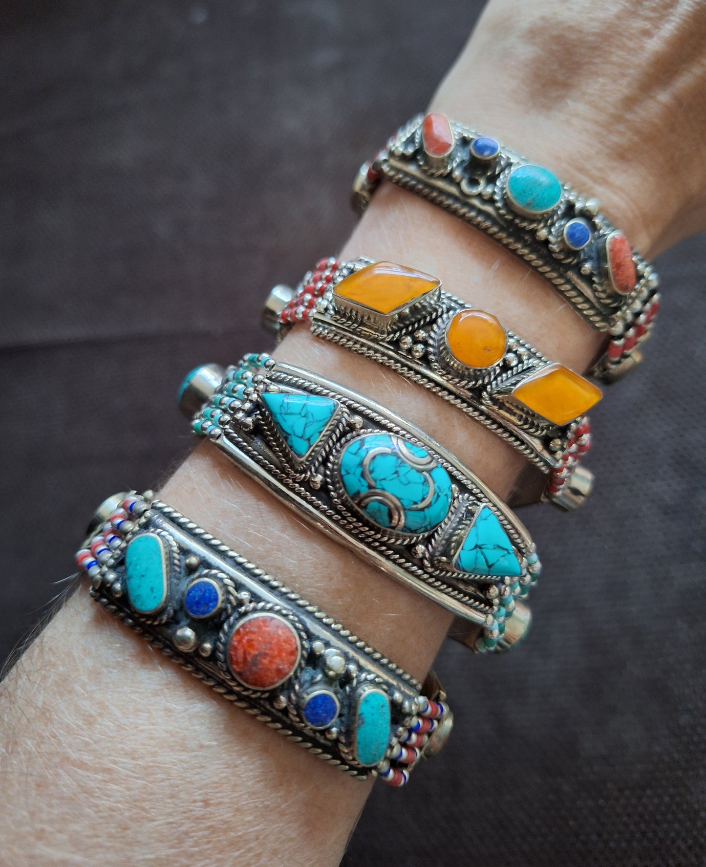 Tibetan silver and gemstone bracelets