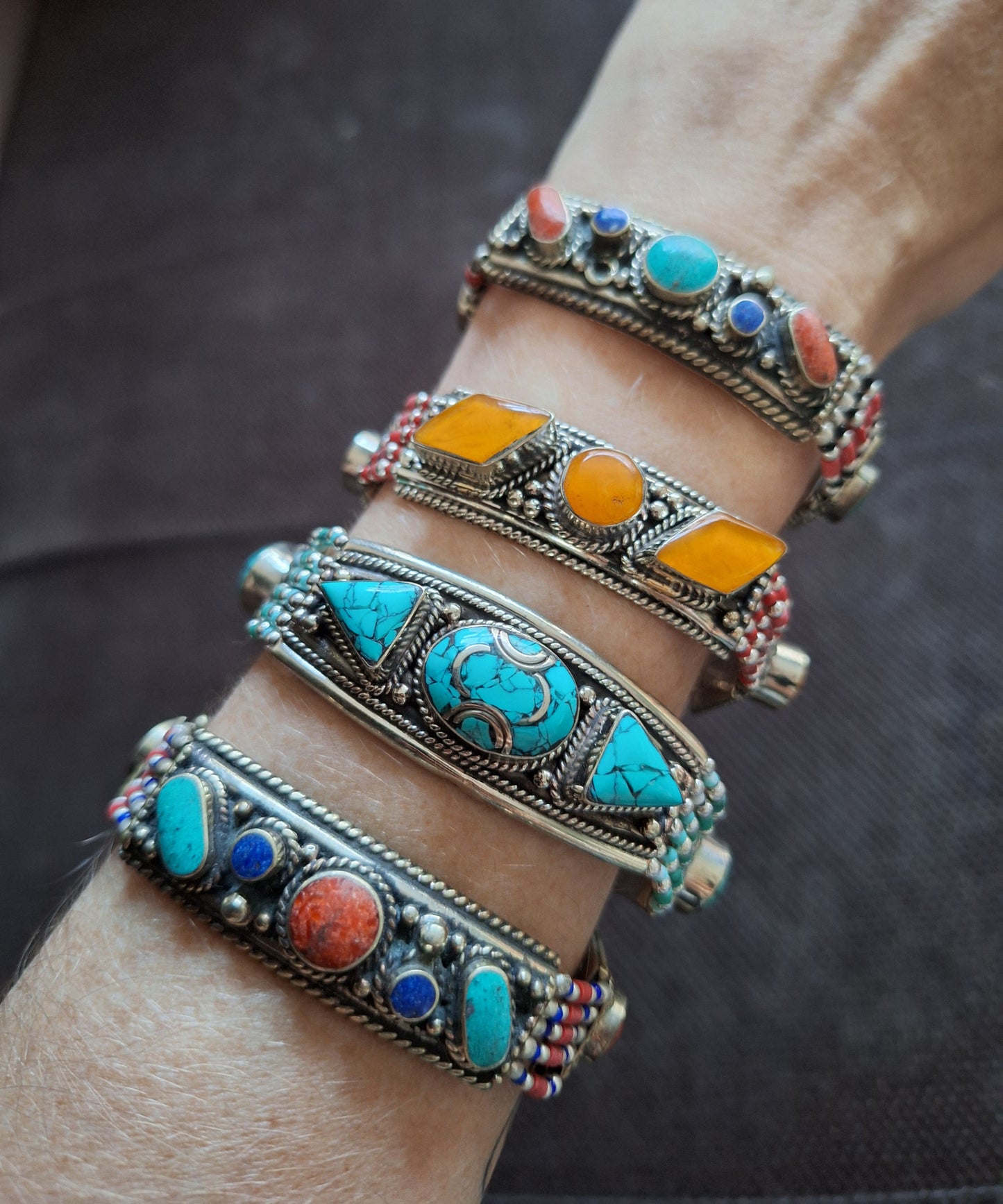 Tibetan silver and gemstone bracelets