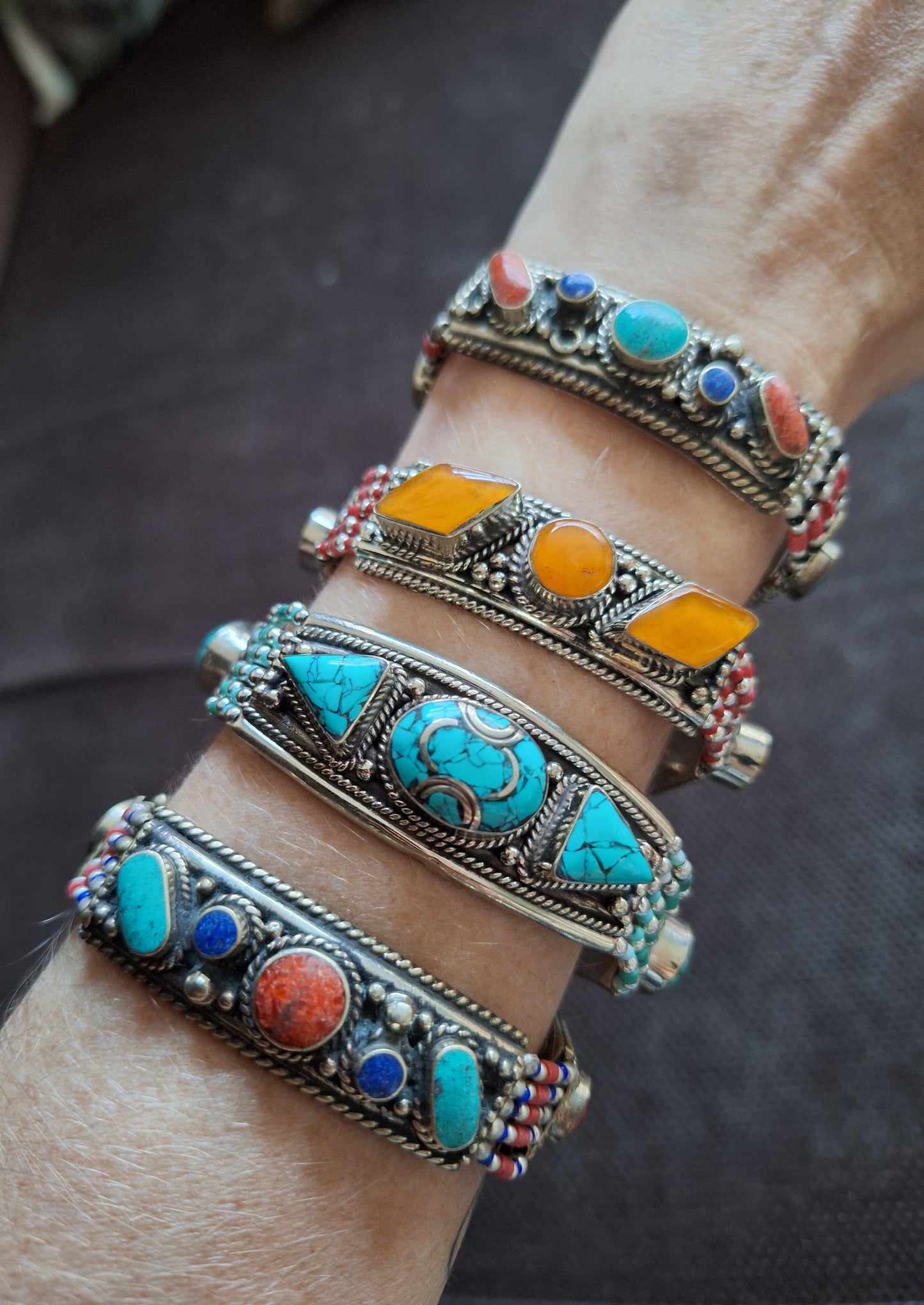 Tibetan silver and gemstone bracelets