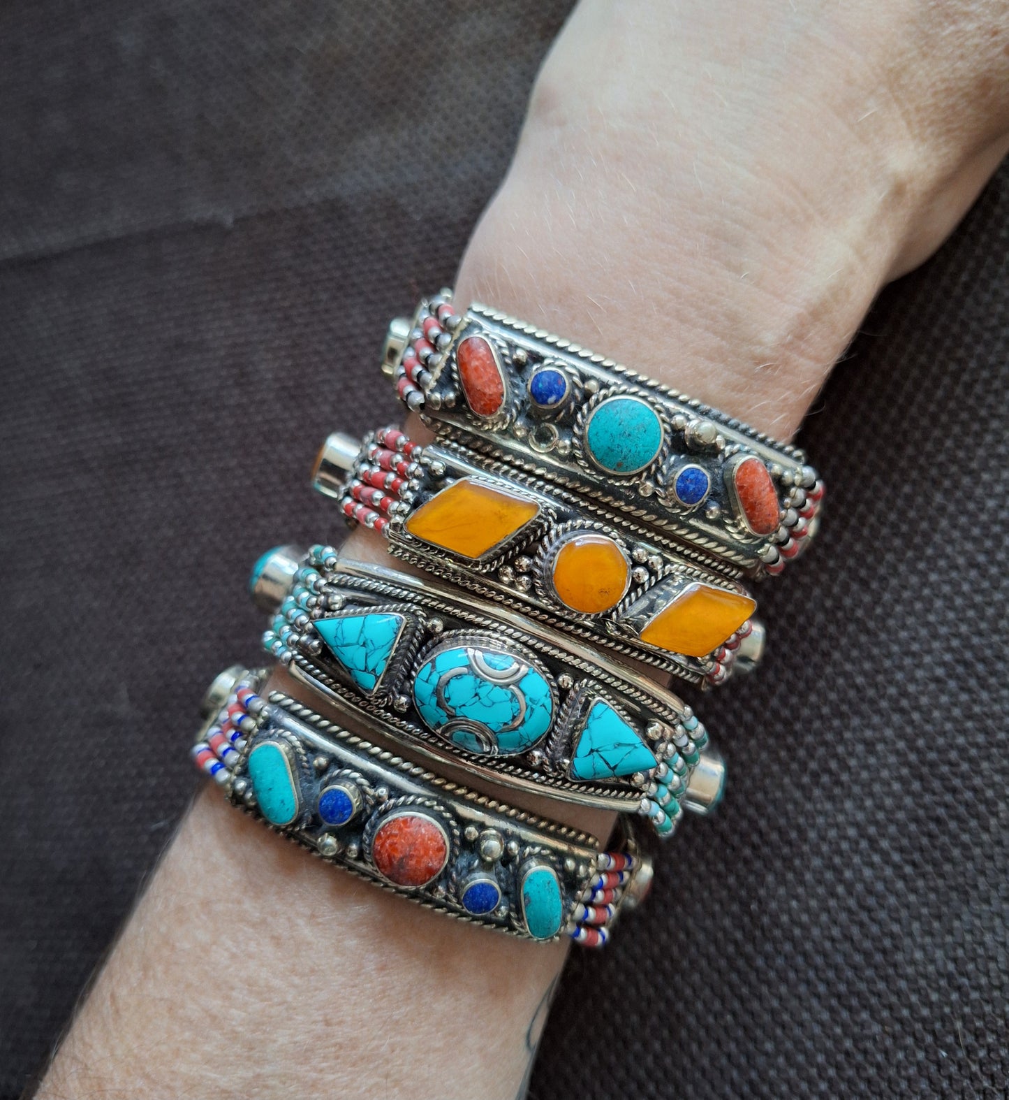 Tibetan silver and gemstone bracelets