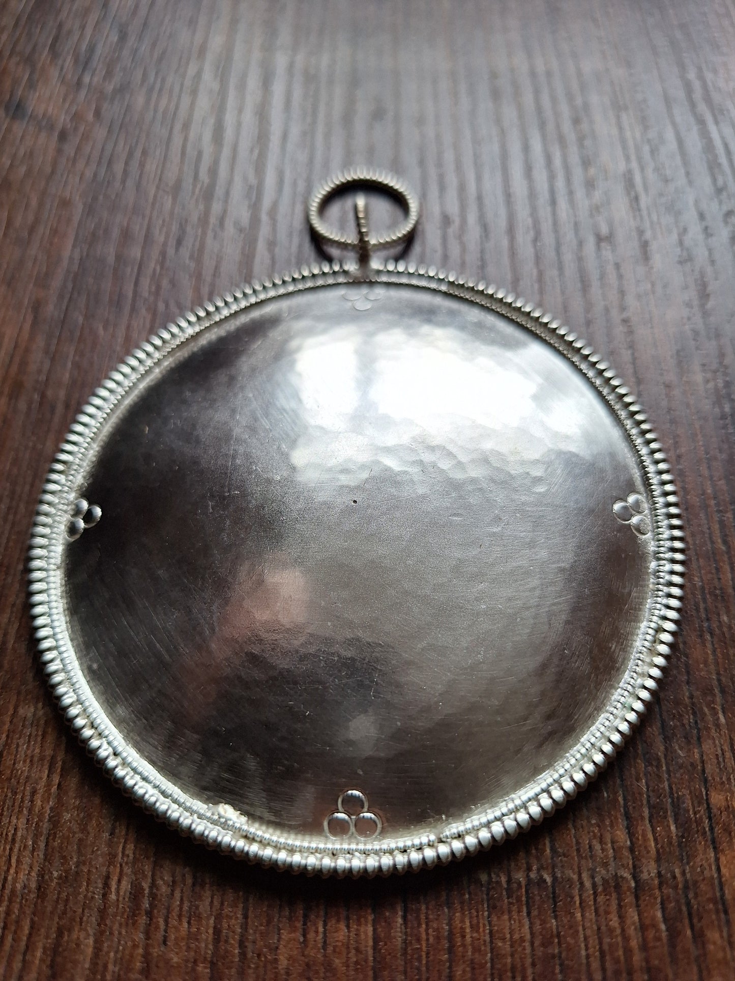 Tibetan silver colored metal mirror Dzogchen 100 millimeters