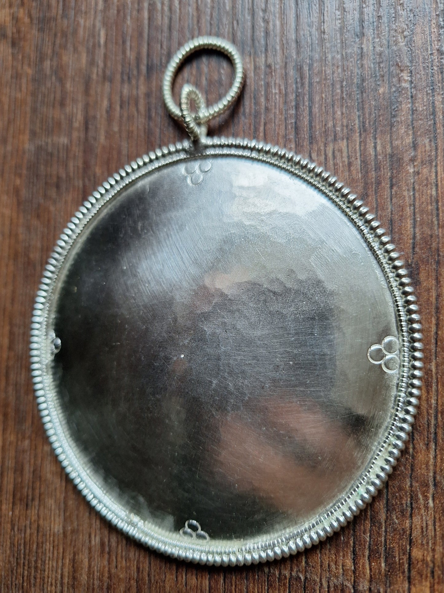 Tibetan silver colored metal mirror Dzogchen 100 millimeters