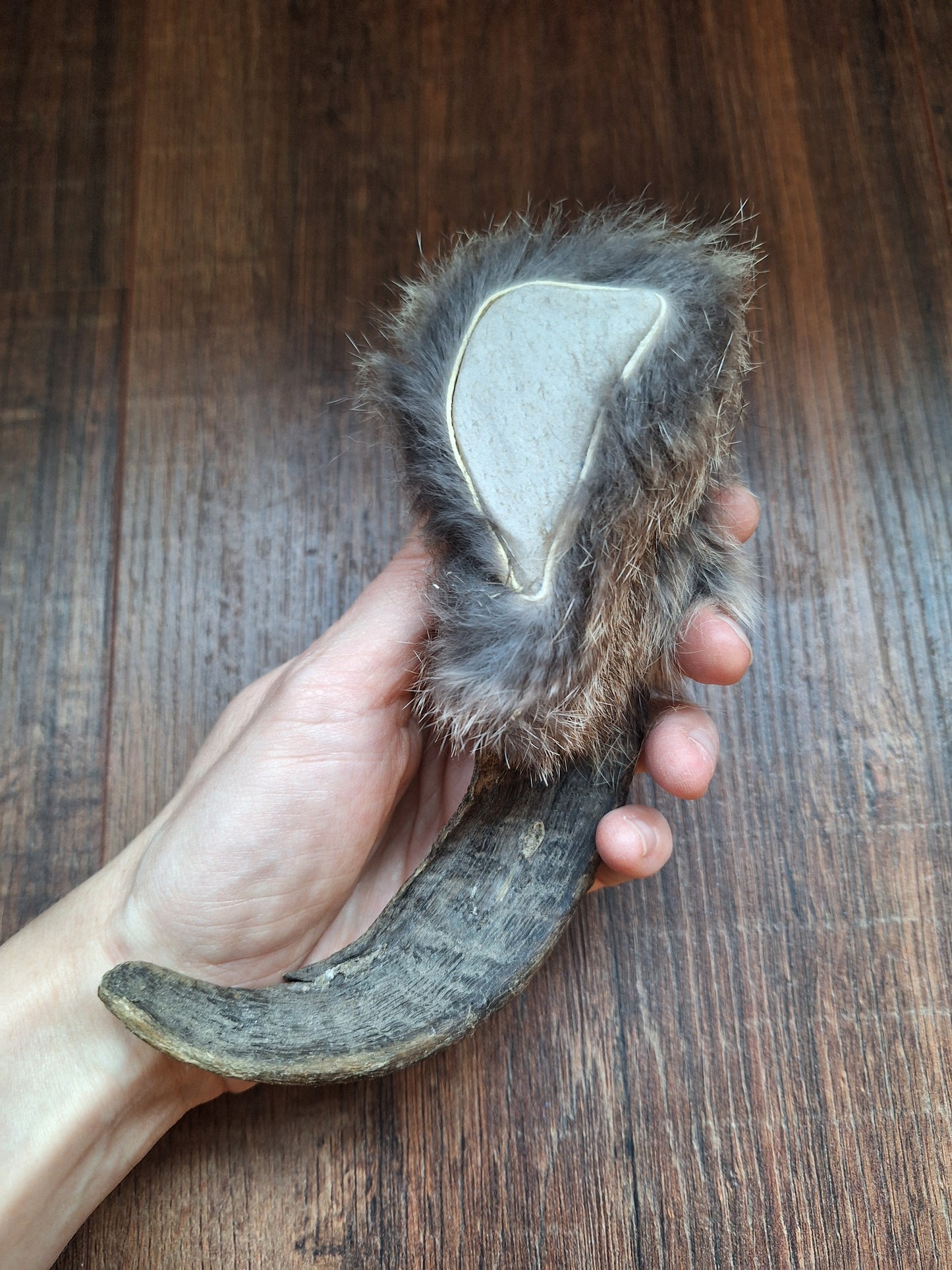 Sheep horn and rabbit fur rattle