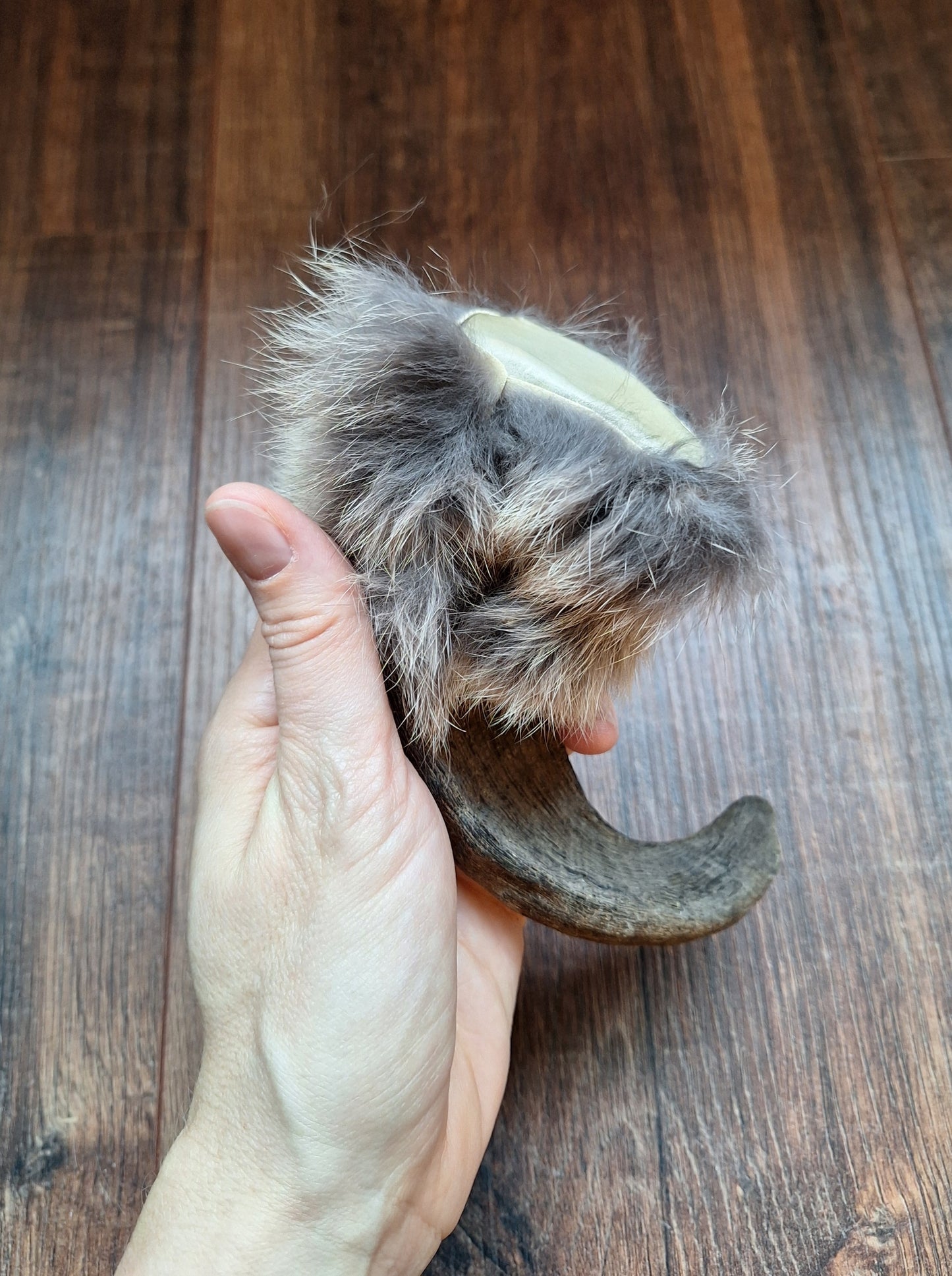 Sheep horn and rabbit fur rattle