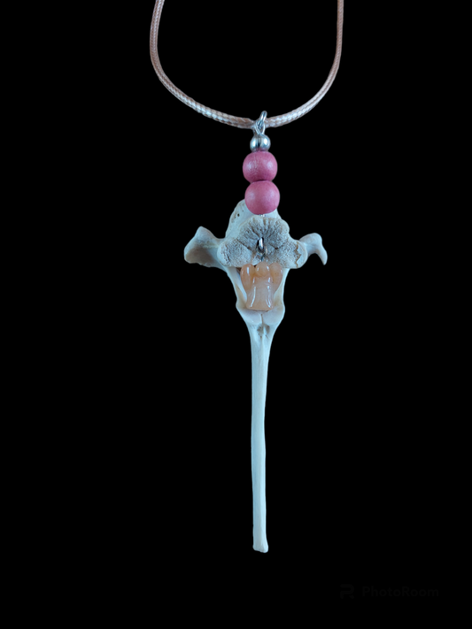 Roe deer vertebra and rose quartz angel amulet necklace