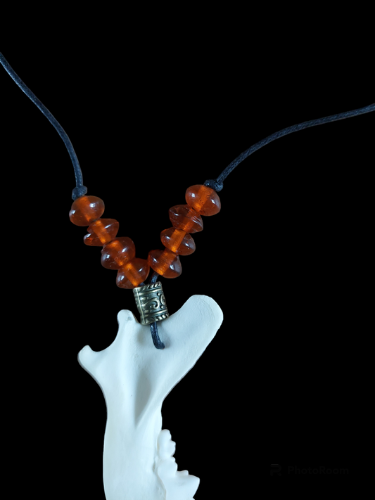 Fox jaw bone and glass beads amulet necklace