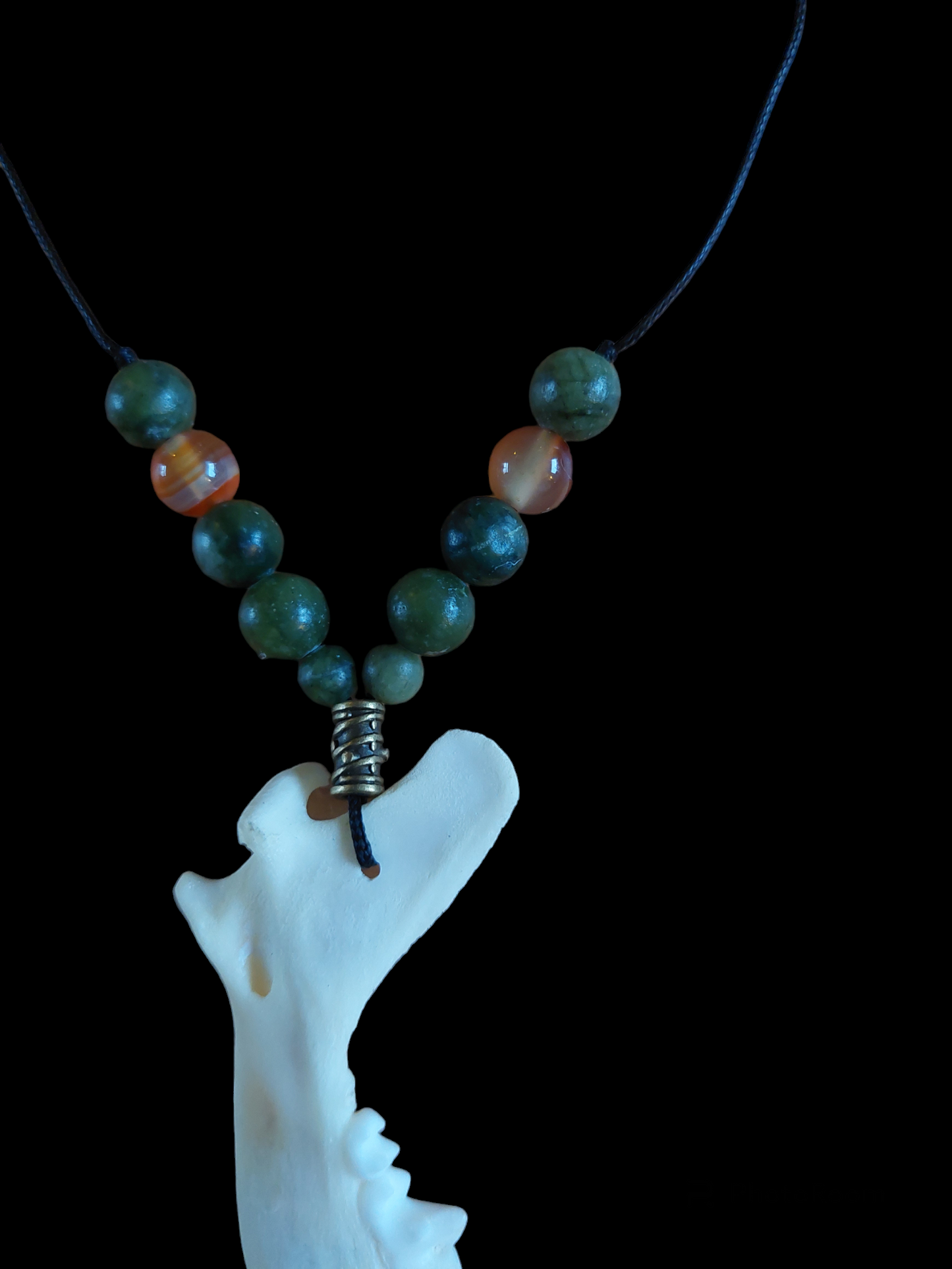 Fox jaw bone with jade and carnelian amulet necklace